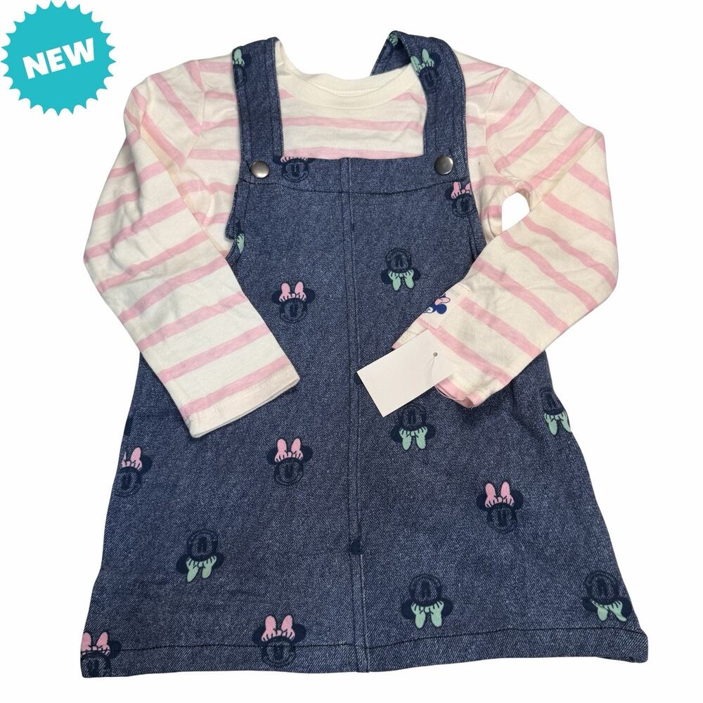 Disney Junior Size 3T Minnie Mouse 2 Piece Denim Overall Dress and Shirt NEW